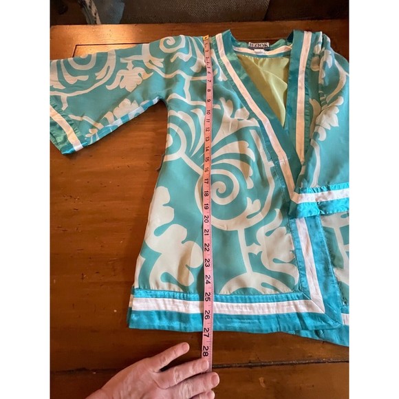 Randolph Duke SILK Open Front Short Kimono Blue Green Reversible Sz 8 Boho Artsy - Picture 10 of 13